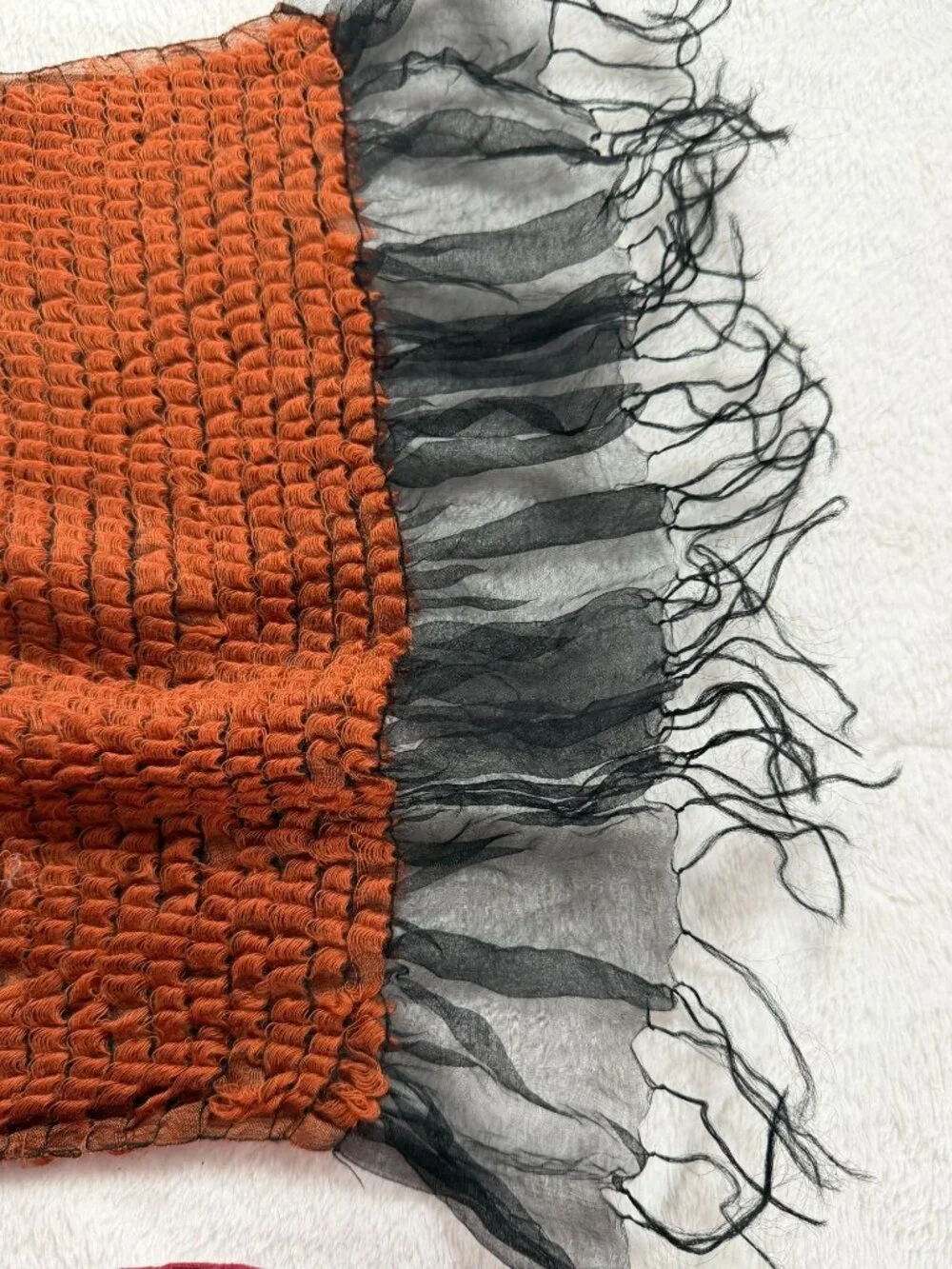 Handwoven Knit Scarf With Black Sheer Fringe Rust & Orange Colorblock Design 70x